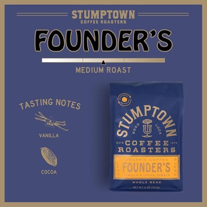 Stumptown Coffee Roasters, Founder's Blend, 100% Arabica Coffee - Organic Whole Bean Coffee, 100% Arabica Coffee - 12 Ounce Bag, Flavor Notes of Vanilla and Cocoa Powder