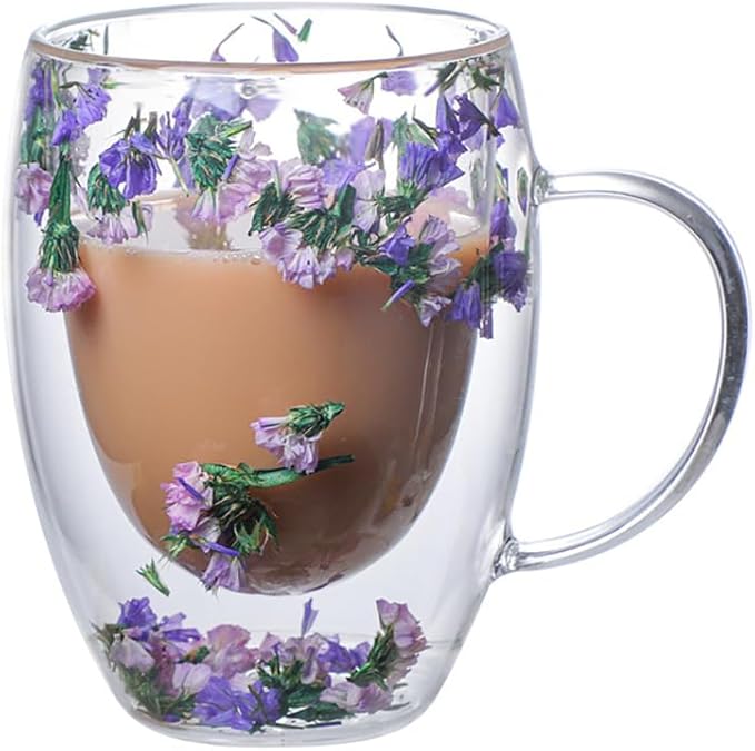 Double Glass Flower Tea Cup, Aesthetic Preserved Flower Cup, Cute Insulated Tea Cup with Handle, Heat Resistant & Lead-free Coffee Mugs, Gifts for Birthday Mother's Day, Perfect for Women Wife Mom (C)