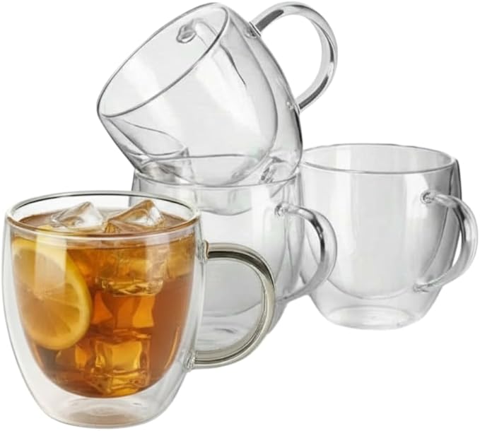 Double Wall Glass Coffee Mugs with Handle, 8.5 oz, Set of 4, espresso coffe cups in your gift box,for latte,tea bags,insulated for hot and cold drinks, Borosilicate Glass
