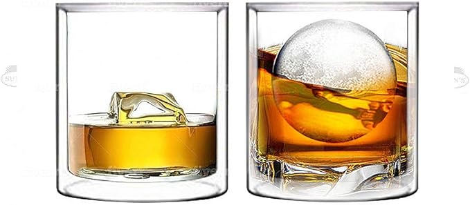 Sun's Tea Double Wall Whiskey/Scotch Rocks Glass Set 5.5oz | Old Fashioned Drinking & Cocktail Glasses | Clear Insulated Tumbler - Set of 2