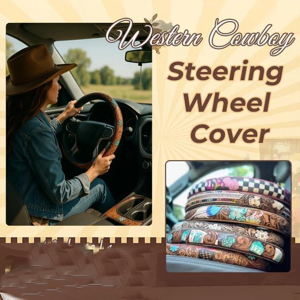 Western Steering Wheel Cover, Color Printed Embossed Hand-Painted Leather Western car Parts, for Women Man, Anti-Slip Design Easy to Install, for Trucks SUVs Cars (Style 6)
