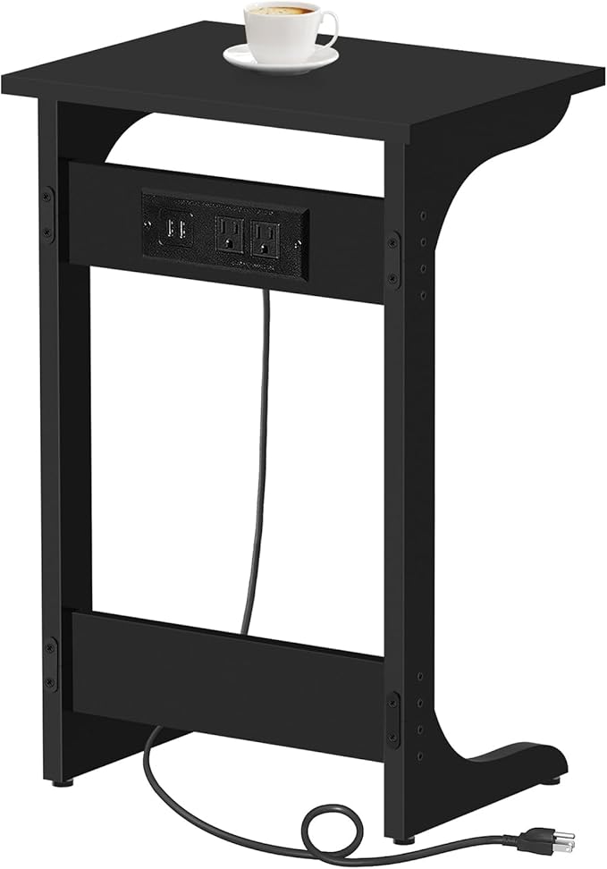 TUTOTAK C Shaped End Table with Charging Station, Side Table, Couch Table for Small Spaces, Tv Tray Table with 2 USB Ports and Outlets, Living Room, Bedroom TB01BK044