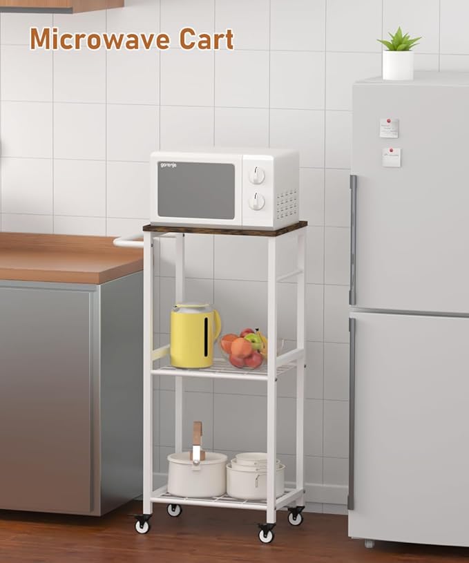 Kitchen Microwave Stand Cart with Storage Rack | 3-Tier Rolling Kitchen Side Table on Wheels with 8 Hooks, Utility Small Coffee Shelf Organizer for Living Room, Bedroom, Bathroom, Office, White