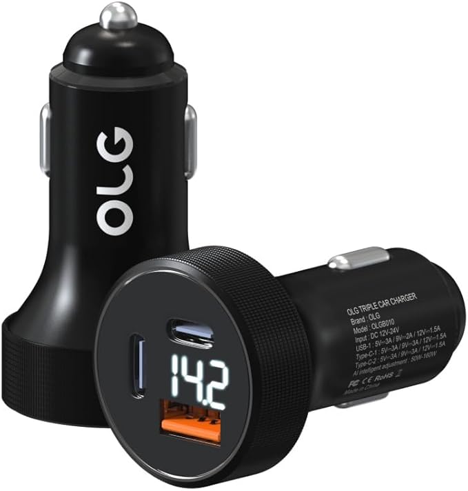 OLG 100W Car Charger – 3 Port Cargador para Carro (LED Display, 12V/24V Compatible) – Cigarette Lighter USB Fast Charge Adapter for iPhone, Android, Type V