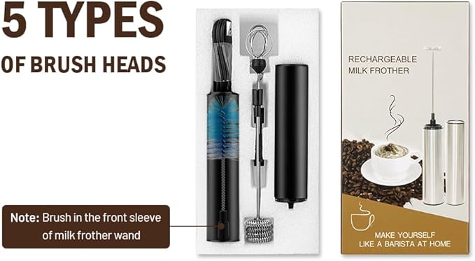 Milk Frother Wand for Coffee, Coffee Foamer Drink Mixer,Handheld Frother Rechargeable Electric Whisk with 5 Heads 2 Speeds for Latte, Cappuccino, Hot Chocolate, Egg(Home and Travel Set Black)