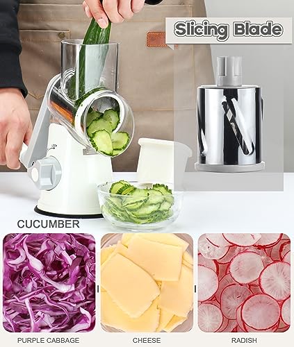Ourokhome Rotary Cheese Grater Hand Crank, Kitchen Shredder Speed Mandolin Slicer Nuts Grinder with Handle and Drum Blades for Cheese, Vegetable, Walnuts, Chocolate, Potato, Carrot, 3 Blades, White