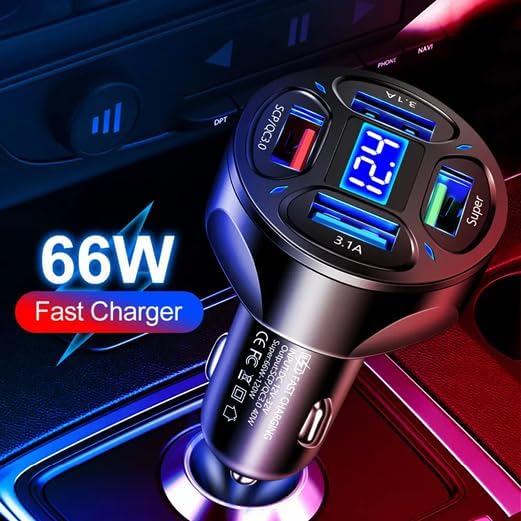 66W 4 Ports: USB Cigarette Lighter Adapter,Super Port Voltage Monitor LED Display Fast Charging Cigarette Adapter. Compatible with iPhone Series, Samsung Devices Google Pixel (Black)