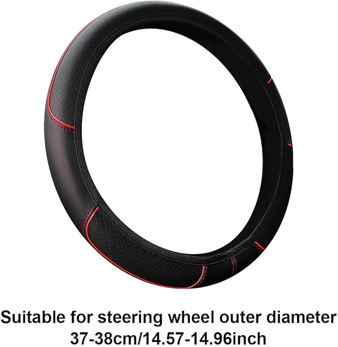 Queenbox Faux Leather Car Steering Wheel Cover, Anti-Slip Grip Diamond Quilted Protector Universal for 14.5-15in Round D Vehicle SUV Truck, Black Red