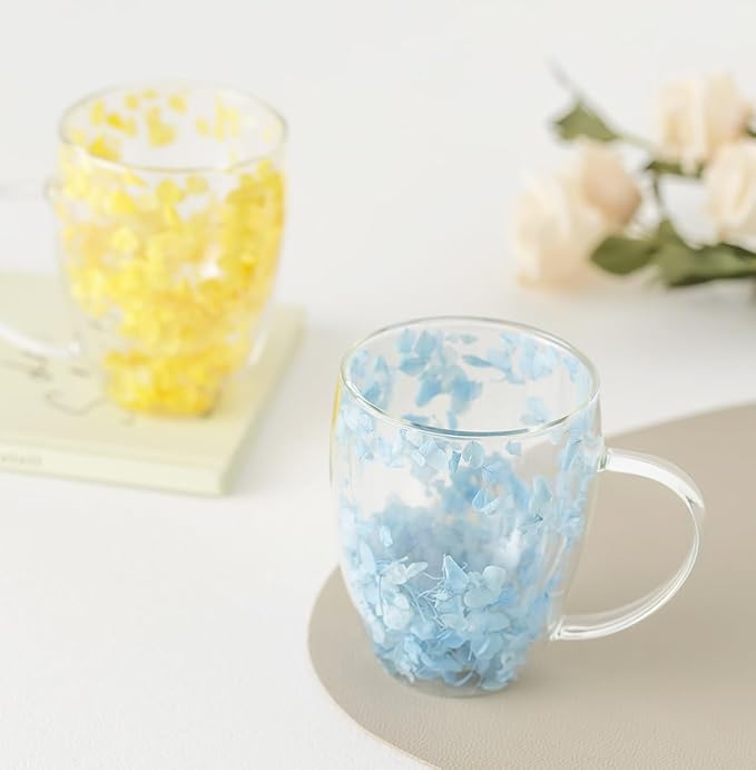 Double Glass Flower Tea Cup, Aesthetic Preserved Flower Cup, Cute Insulated Tea Cup with Handle, Heat Resistant & Lead-free Coffee Mugs, Gifts for Birthday Mother's Day, Perfect for Women Wife Mom (G)