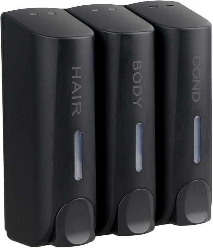 Chamber Shower Soap Dispenser Trio Wall Mounted Shampoo and Conditioner Dispenser Set, No Drill for Bathroom Hotel, Black