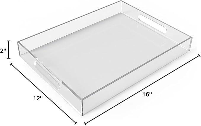 12"x16" Acrylic Serving Tray with Handles, Spill Proof Clear Decorative Tray, Lucite Tray for Coffee Table, Vanity, Makeup Organizer