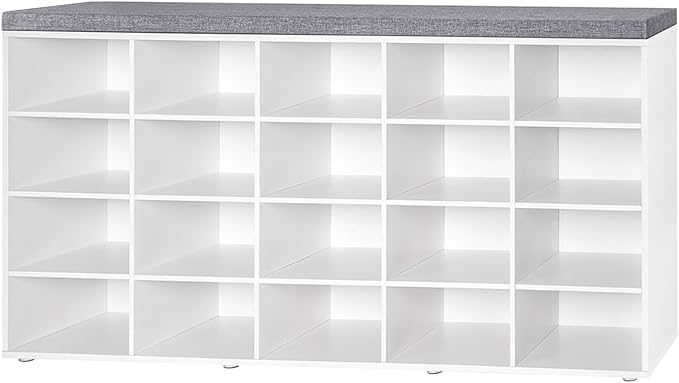 DINZI LVJ Shoe Storage Bench, 20-Cubby Shoe Rack Bench with Cushion, Fully Adjustable Shelves, Shoe Organizer for Closet, Entryway, Mudroom, Hallway and Garage, White
