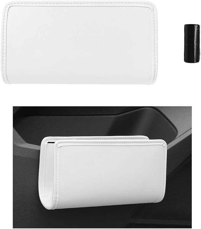 Car Trash Can, Small Leather Foldable Hanging Trash Bag Car Door Organizer, Multi-Function Mini Storage Box Garbage Can for Car Back Seats and Side Door, Car Accessories (White)