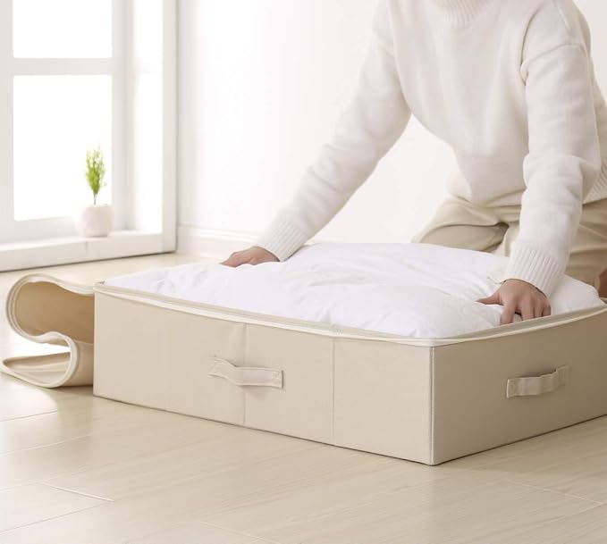 iwill CREATE PRO Folding Under Bed Shoes Storage Organiser Bins with Lid, Underbed Clothes Organizer Basket, Garment Storage Boxes, Beige
