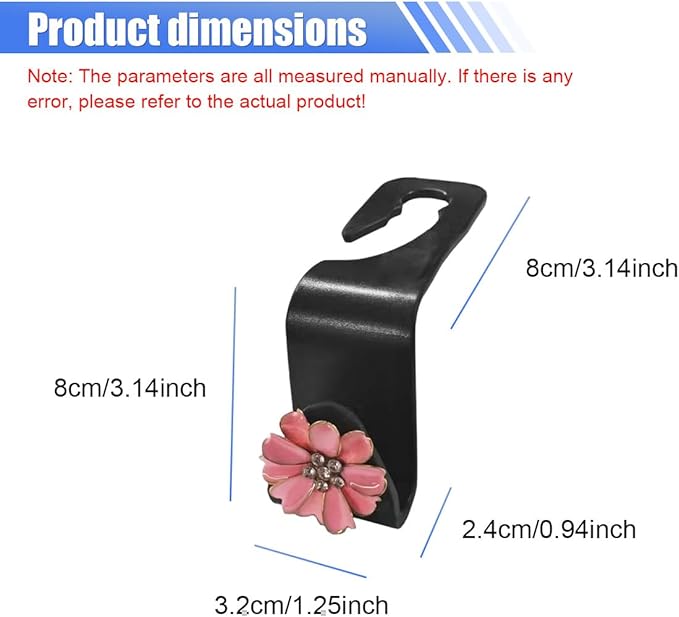 Craedli 2PCS Bling Flower Car Seat Headrest Hook, Cute Rhinestones Car Mini Hook Auto Back Seat Hanger Organizer, Portable Vehicle Interior Bag & Purse Storage Holder for SUV, Sedan, Truck (Pink)
