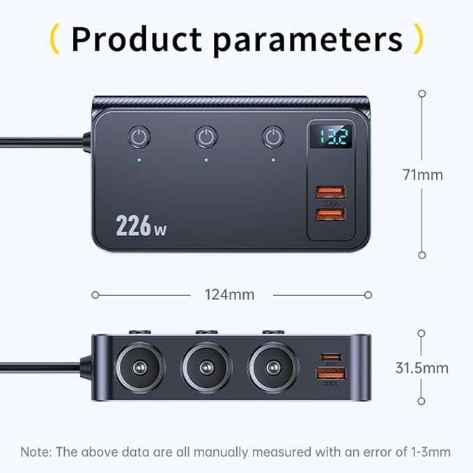226W Car Charger Cigarette Lighter Splitter, 9-in-1 Multi-Port Car Power Adapter with 3 Sockets, Dual PD USB-C, 4 USB Ports, LED Voltmeter, Fast Charging for 12V–24V Vehicles