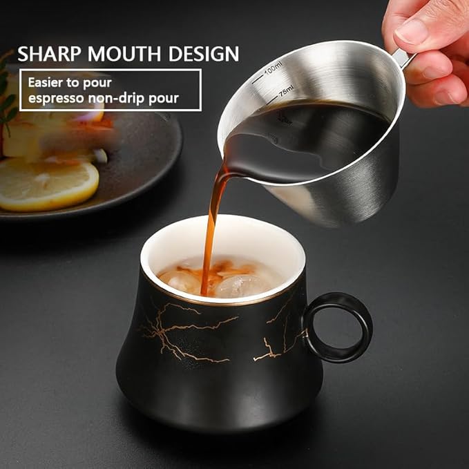 2 Pcs Espresso Cups with Handle, BetterJonny 3.4OZ / 100ML Stainless Steel Coffee Bean Dosing Cup Espresso Machine Accessories,V-Shaped Mouth Metal Measuring Cup with Scale for Bar Home Party