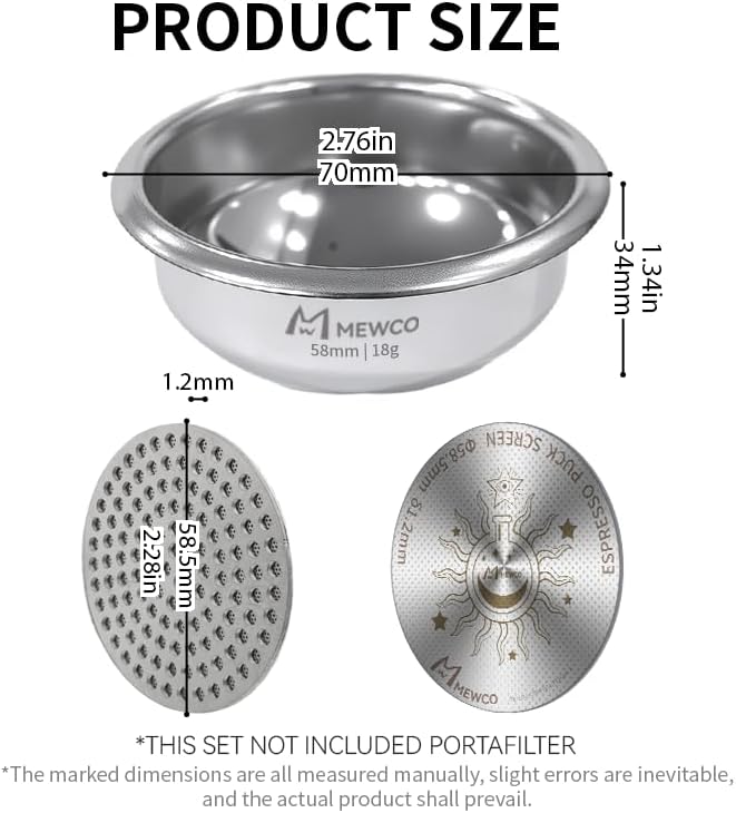58mm Espresso Filter Basket and Espresso Puck Screen,18g Spherical Bottom Design for Even Espresso Extraction Fits Most 58mm Portafilter/Tamper/coffee maker