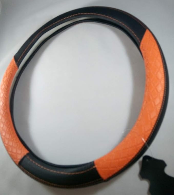Jdragon Black & Orange PU Leather Great Comfort Slip-On Steering Wheel Cover 14.25-15" Diameter