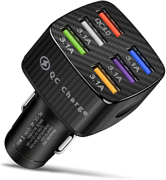 Fast Charging 6 Ports Car Phone Charger Adapter,QC3.0/3.1A Type Smart Shunt Cigarette Lighter USB Charger Compatible with iPhone 14 13 12,S22 S21 S20,iPad Pro& All Mobil Phone (Black)