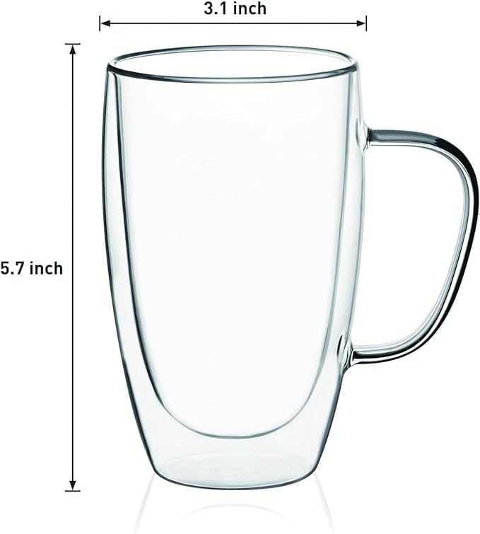 Espresso Cups Set Of 2, Double Walled Glass Coffee Mugs with Handle,Insulated Layer Coffee Cups,Clear Borosilicate Glass Mugs,Perfect for Cappuccino,Tea,Latte,Espresso (15oz-4Pack)