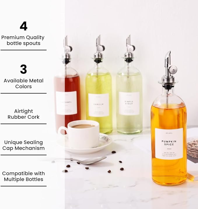 Molimoli Liquor Pour Spout Made of Stainless Steel with Automatic Anti-Oxidation Mechanism, Bottle Pourers for Alcohol, Olive Oil Dispenser Spout, Wine Pourer Spout, Oil Bottle Spout, Silver 4-Pack