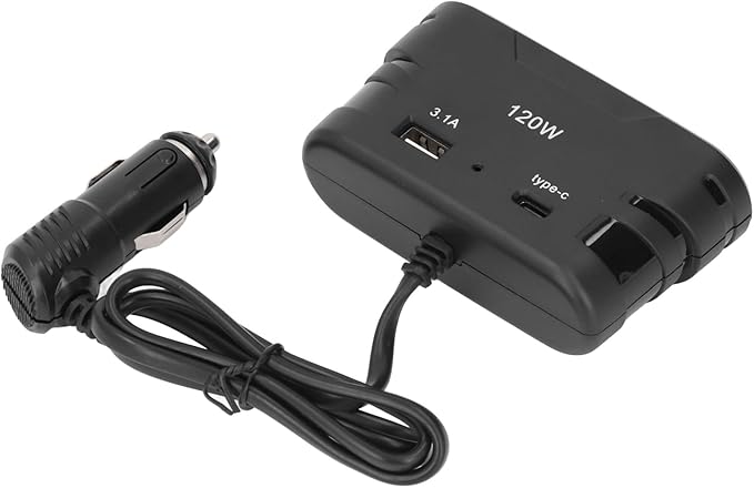 Pilipane Cigarette Lighter Plug Splitter Adapter 1 to 3 Multi Port Power Plug Car Charger with USB and Type C 12V 24V 120W for Car Refrigerators Cameras Mobile Phones ABS Material