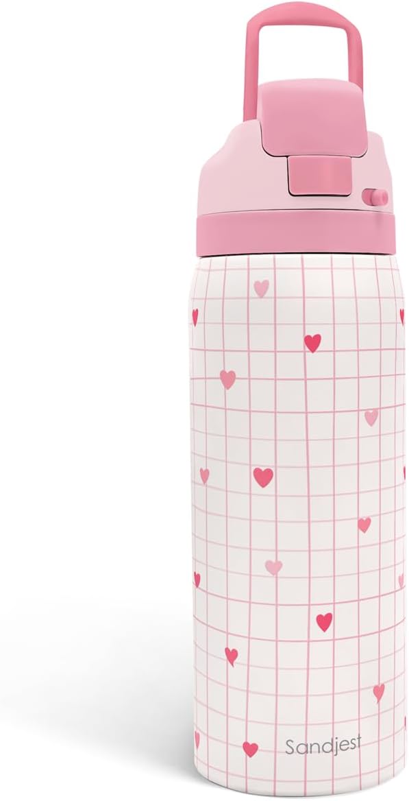 Heart Insulated Stainless Steel Water Bottle with Straw for Sports and Travel, 32oz, Gifts for Women Girls Friends Teens Birthday Christmas (Grid Background)
