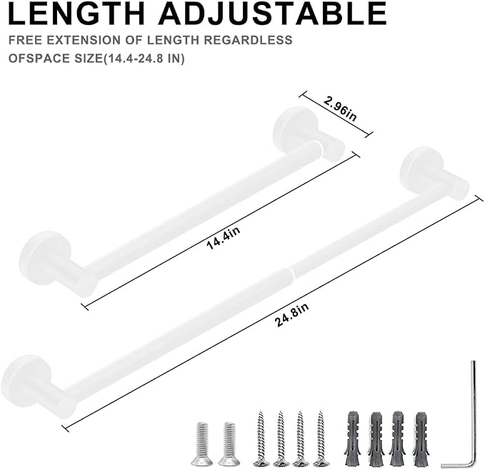 MGahyi Towel Racks for Bathroom-Adjustable Towel Holder(13.18inch-24inch) Sturdy and Rustproof Towel Bar Wall Mounted, Single Towel Bar Rod for Bathroom Accessories (White, 1Pack)