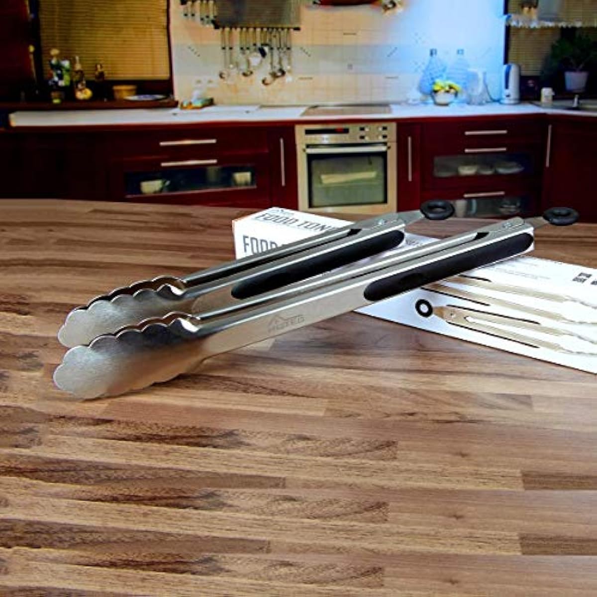 Hotec Stainless Steel Kitchen Tongs, Set of 2-9" and 12", Locking Metal Food Tongs for Cooking, Serving, BBQ, Grill Non-Slip Grip