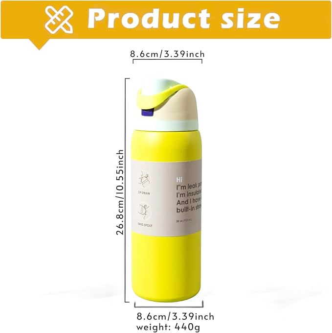 DUTHINGS Insulated Stainless Steel Water Bottle with Straw, 32 oz, Reusable Sports and Travel Bottle for School, Kids, and Outdoors - Leakproof and BPA-Free (YELLOW)