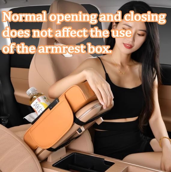 Multifunctional Pu Leather Car Armrest Box Mat, 5-In-1Multifunctional Car Armrest Cushion, Car Arm Rest Cover Pad, Center Console Organizer with Cup Holder, Tissue Box & Phone Slot (Orange)