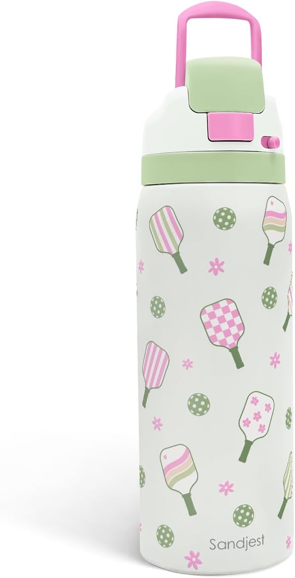 Pickleball Stainless Steel Water Bottle, Vacuum Insulated, Push-Button Lid, 32 oz, Gifts for Women Girls Friends Teens Birthday Christmas
