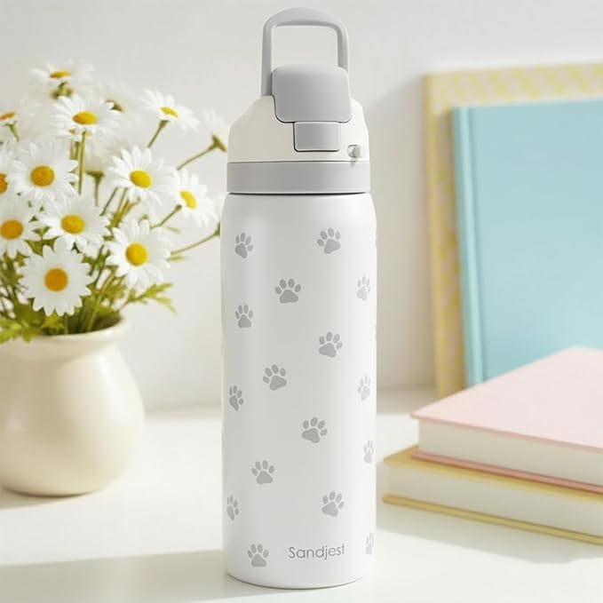 Paw Print Insulated Stainless Steel Water Bottle with Straw for Sports and Travel, 32oz, Gifts for Dog Cat Mom Women Girls Friends Teens Birthday Christmas