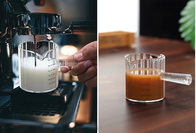 Glass Espresso Cup 6 OZ, Double Shots Measuring Cup with Glass Handle for Dishwasher Safe, Double V-Shaped Spout Milk Frothing Pitcher, Espresso Accessories for Machine, Demitasse Cups (Clear)