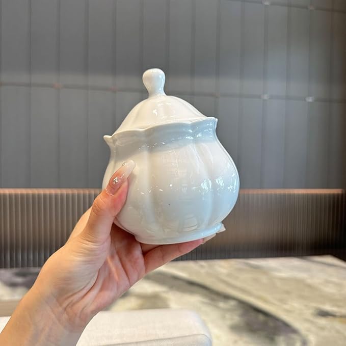 WAIT FLY Vintage Embossed Ceramic Sugar Bowl with Lid, Sugar Container, Sugar Jar for Kitchen Countertop, Coffee Bar-White-Sugar Bowl