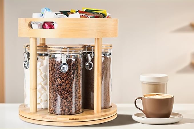 KKC HOME ACCENTS Clear Glass Food Storage Containers with Lids and Wooden Rack Set, Airtight Jar Canister with Bamboo Clamp Lid for Cereal, Dry Food, Coffee Bean, and Sugar,40 Fluid Ounce