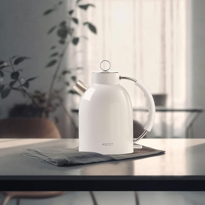 ASCOT Electric Kettle, Stainless Steel Tea Boiler 1.6qt 1500W Retro Tea Heater & Boiling Kettle, Auto Shut-Off and Boil-Dry Protection(White)