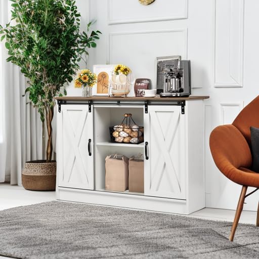4 EVER WINNER 42" Coffee Bar Cabinet, Sideboard Cabinet with Adjustable Shelf for Kitchen, Farmhouse Buffet Cabinet with Storage