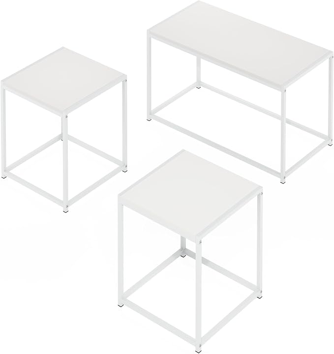 Furinno CAMNUS Coffee Table, Metal Frame Modern Center Table and Side Tables Set, Toolless Side Table Sets, for Living Room, Bedroom, Home Office, Solid White
