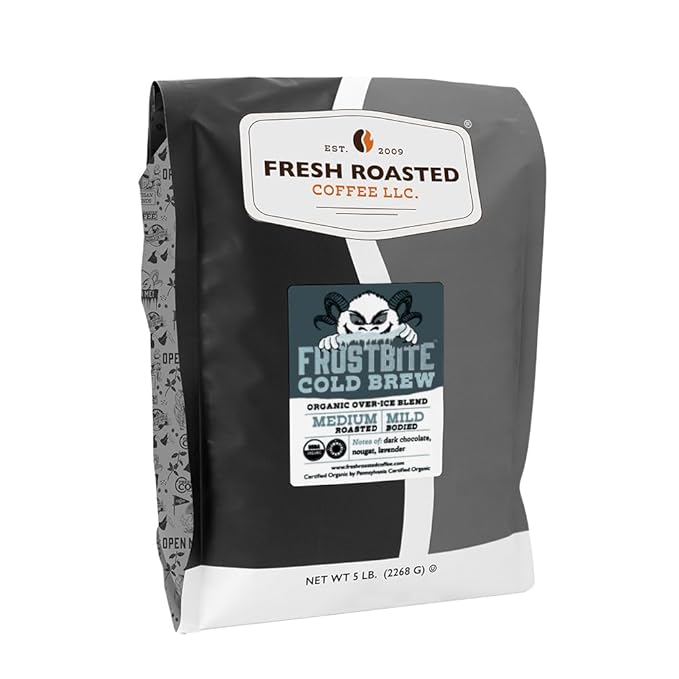 Fresh Roasted Coffee, Organic Frostbite Cold Brew | Mold & Myco 3rd Party Tested, USDA Organic, Kosher | Medium Roast | 5 lb Whole Bean