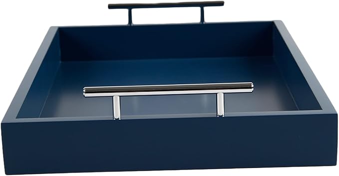 JJSQYLAN Wooden Serving Tray with Handles Rectangle Breakfast Tray for Coffee Table Decorative Ottoman Tray 16”x 12” for All Occasion's (Blue)