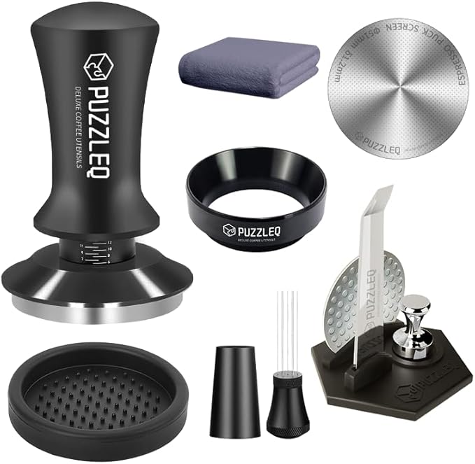 51mm Espresso Accessories Kit, Spring Loaded Calibrated Tamper,mat，WDT Tool，Dosing Funnel，Puck Screen kit，Basket Removal Tool ，Cleaning ClothSet， Fits Espresso Coffee Machines and 51 mm Portafilters