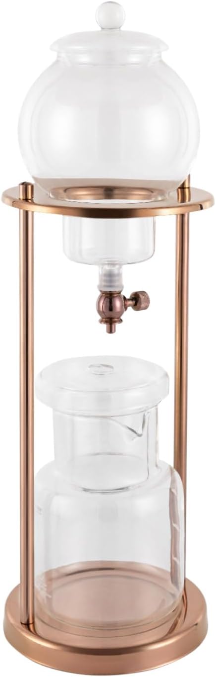 Iced Coffee Cold Brew Drip Tower Coffee Maker, Wooden Ice Coffee Machine, Stainless Steel and Borosilicate Glass, Long Neck Sharing Pot, with Measuring Spoon (Gold)
