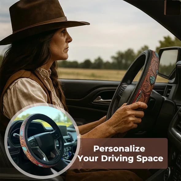 Western Steering Wheel Cover, Color Printed Embossed Hand-Painted Leather Western car Parts, for Women Man, Anti-Slip Design Easy to Install, for Trucks SUVs Cars (Style 5)