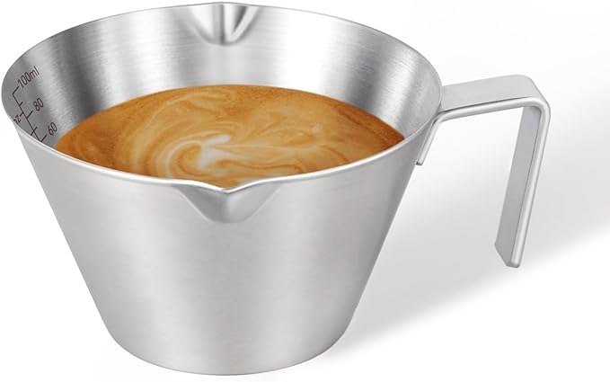 YARRAMATE Espresso Cup with Handle, Stainless Steel Espresso Accessories, Double Spout Metal Measuring Cup with Dual Scale, Espresso Shot pitcher with V-Shaped Mouth, 3.4OZ/100ML