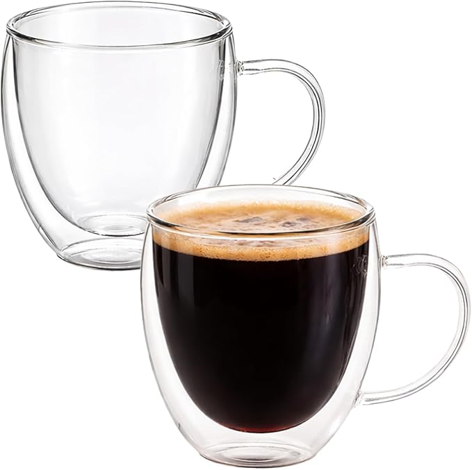 Glass Coffee Cups Set Of 2-8.5oz Double Walled Glass Coffee Mugs with Handle,Clear Insulated Borosilicate Glass Mug,Suitable for Cappuccino,Tea,Latte,Hot Beverage and Wine (2 pack 8.5oz)