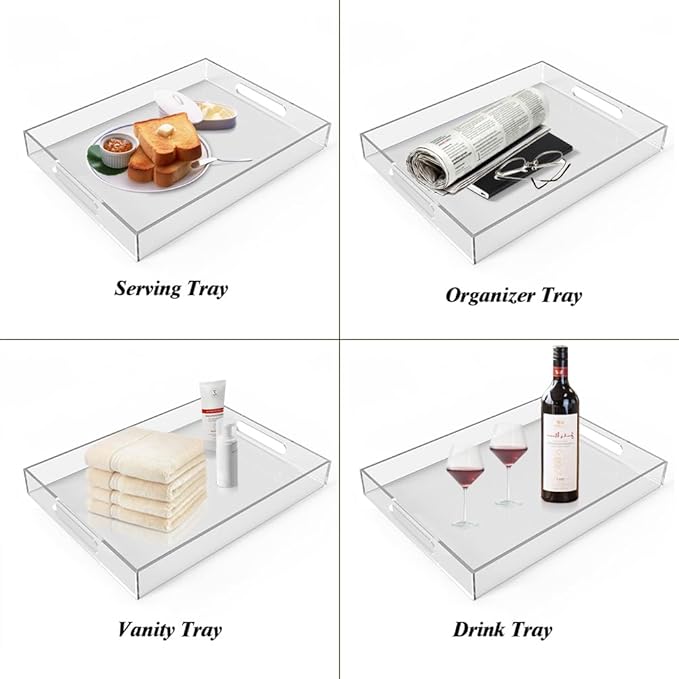 12"x16" Acrylic Serving Tray with Handles, Spill Proof Clear Decorative Tray, Lucite Tray for Coffee Table, Vanity, Makeup Organizer