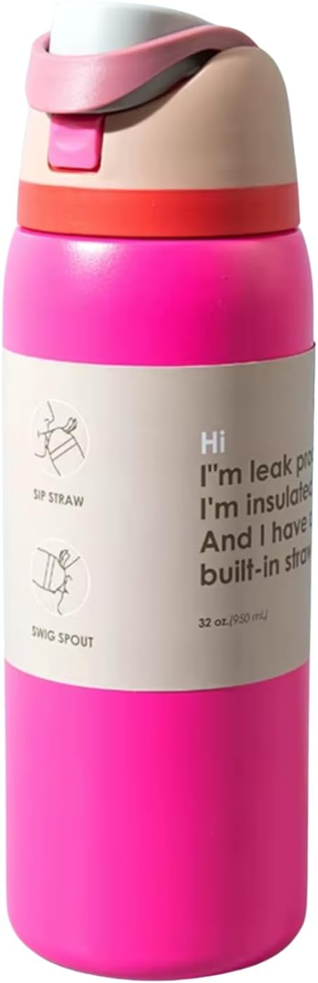 DUTHINGS Insulated Stainless Steel Water Bottle with Straw, 32 oz, Reusable Sports and Travel Bottle for School, Kids, and Outdoors - Leakproof and BPA-Free (FUCHSIA/32)