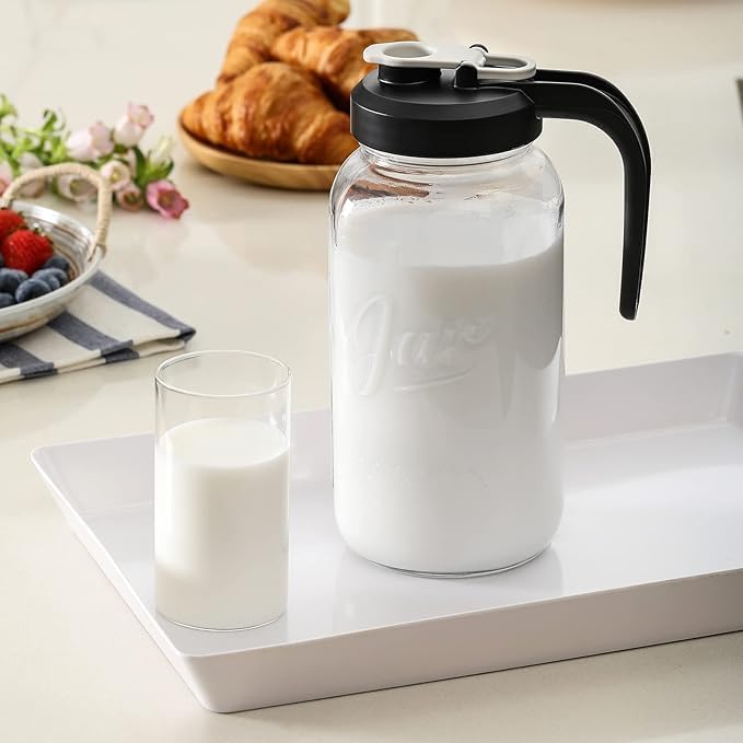 Glass Pitcher with Lid - 2 Quart Mason Jar Pitcher with Filter Lid, Wide Mouth Jar Leak-proof Water Jug, Heavy Duty Container for Water, Juice, Milk, Tea, Iced Coffee, and Drinks - Set of 3